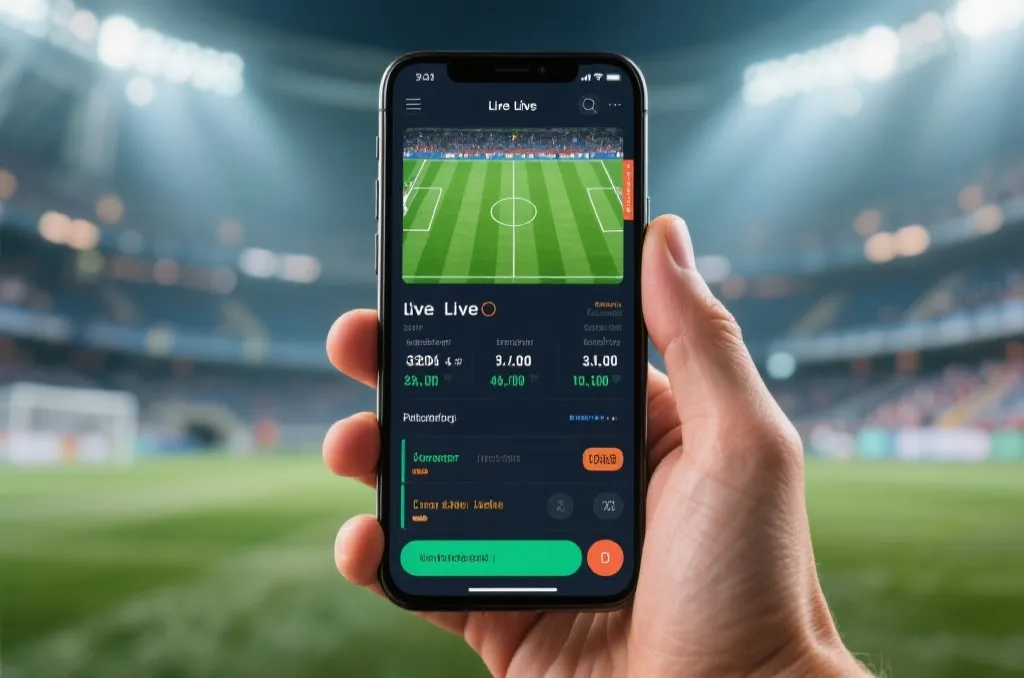 A modern smartphone held in hand, displaying a vibrant live football match interface with real-time statistics, on a blurred stadium background